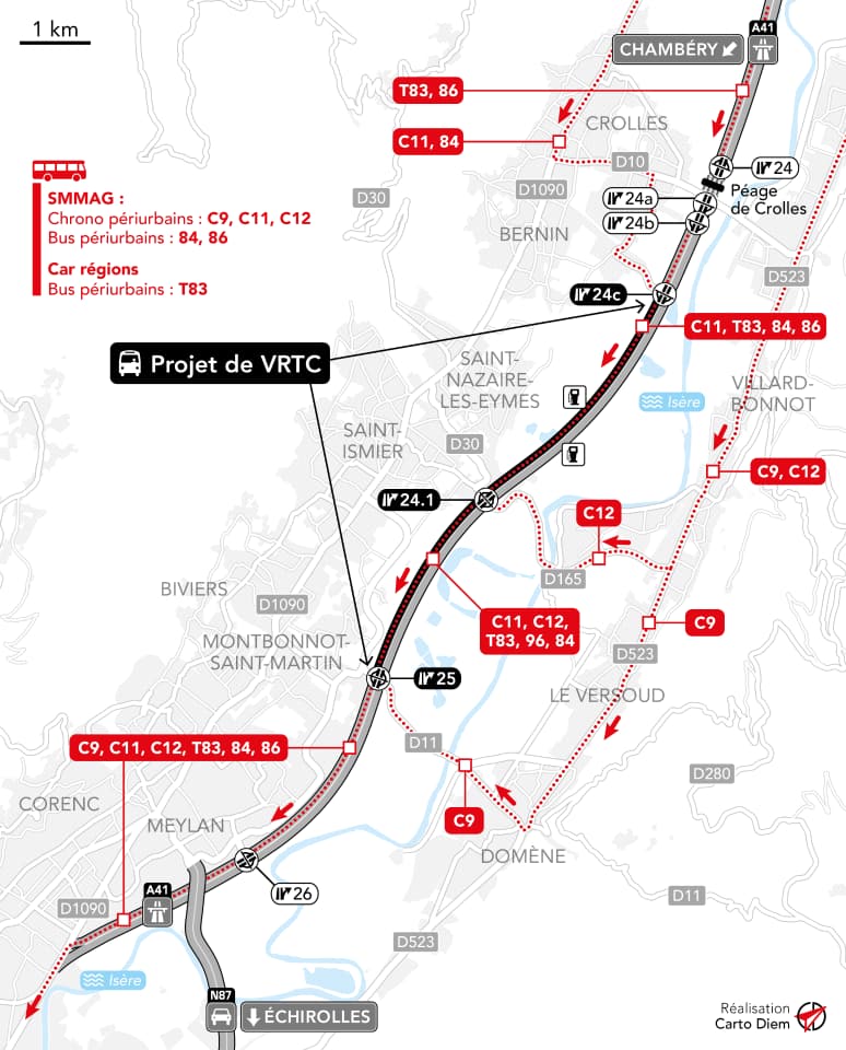 Carte du projet de VRTC le long de l’autoroute A41 entre Meylan et Crolles, montrant les principaux échangeurs, les communes desservies et les lignes de bus concernées